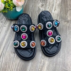 Final Sale 🌹Kurt Geiger Sandals Women's Black Leather Orson Jeweled  Slide Sz 5
